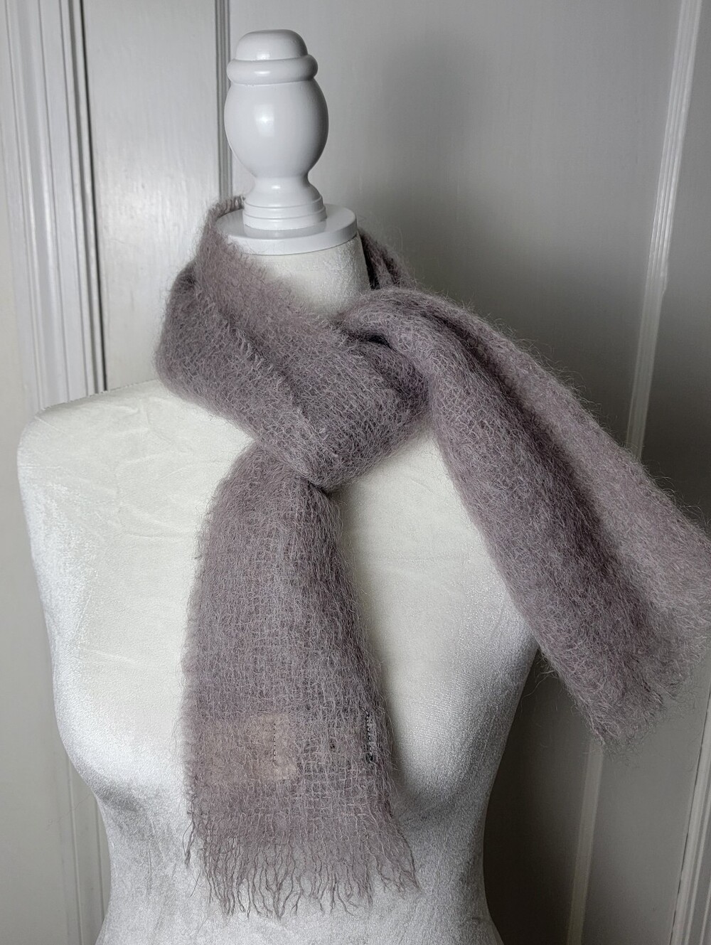 Vintage Heather Glen Scotland Taupe Knit Mohair Wool Scarf Scotland 48" × 9"